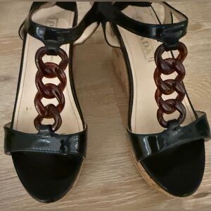 Prada Vintage Black Patent Leather Cork Wedge Shoes W/Tortoiseshell Chain Sz 7.5